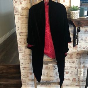 Women’s black velvet and red silk shawl.